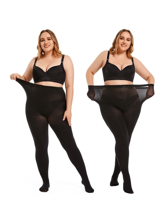 Women's Plus Size Semi Opaque Tights, 80D Control Top Pantyhose, 2 Pairs, Black 2XL