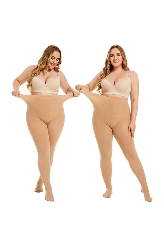 2 Pairs Semi Opaque Tights for Women - Plus Size 80D Control Top Pantyhose, Nude 2XL