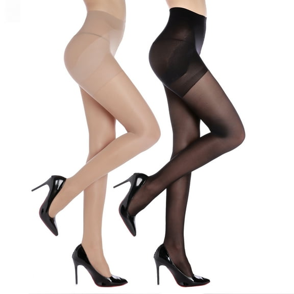 G&Y 2 Pairs Women's Control Top Pantyhose - 40D Sheer Tights Tummy Control Support Stockings , Black & Nude L