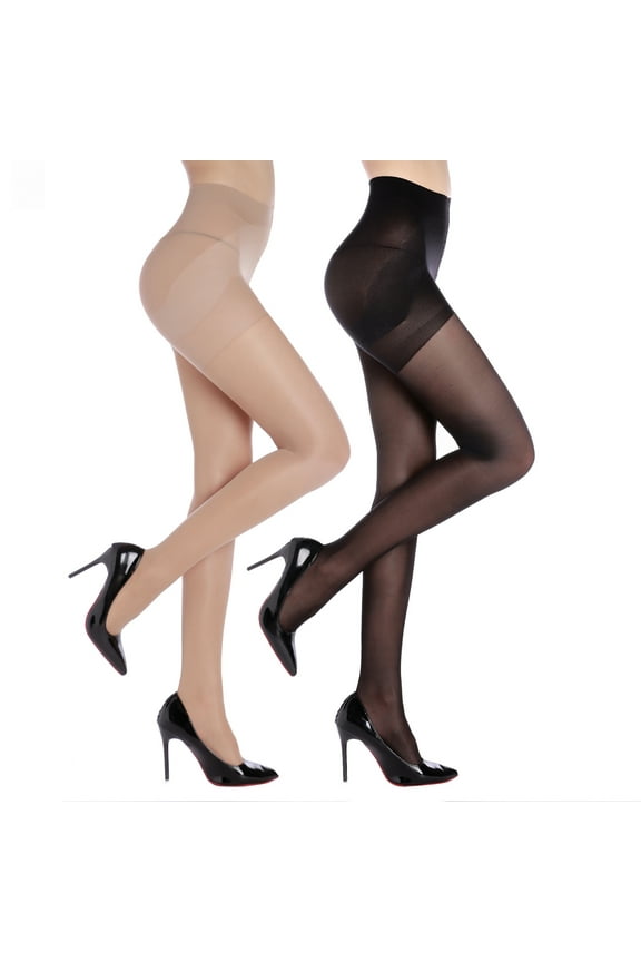 2 Pairs Women's Control Top Pantyhose - 40D Sheer Tights Tummy Control Support Stockings , Black & Nude L