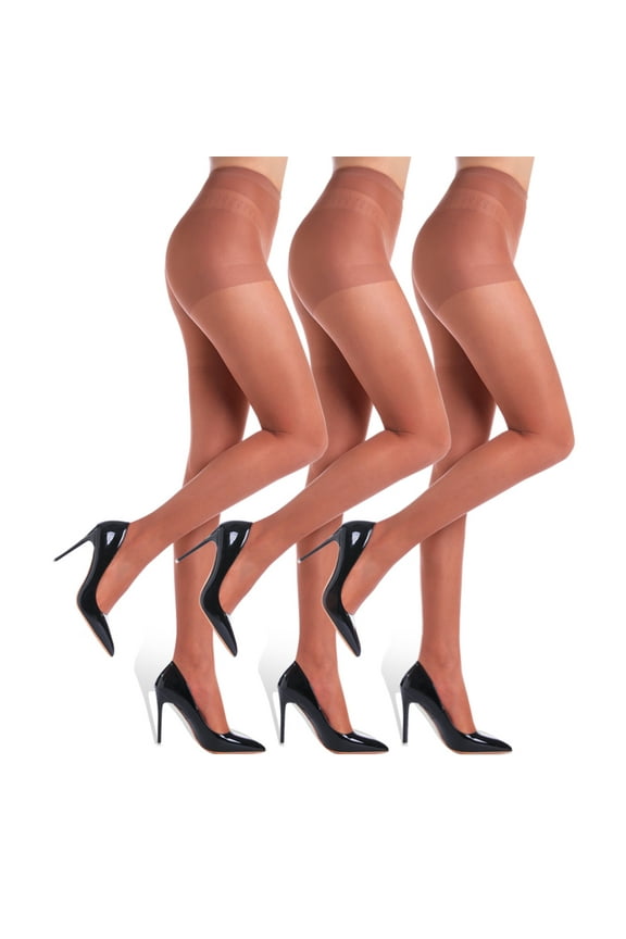 Women's Sheer Tights - 20D Control Top Pantyhose with Reinforced Toes, 3 Pairs, Coffee, XL