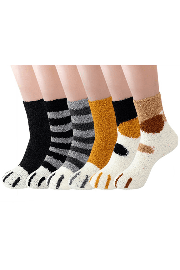 6-Pair Plush Fuzzy Socks, Cozy Winter Slipper Socks with Animal Designs