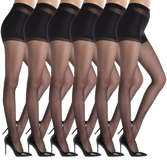 G&Y 6 Pairs 20D Sheer Tights for Women - Reinforced Toes, Control Top Pantyhose, 6Black L