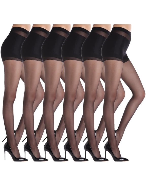 6 Pairs 20D Sheer Tights for Women - Reinforced Toes, Control Top Pantyhose, 6Black L