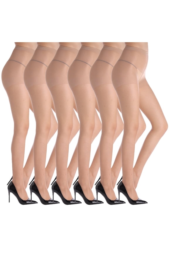 6 Pairs 20D Sheer Tights for Women - Reinforced Toes, Control Top Pantyhose, 6Nude S