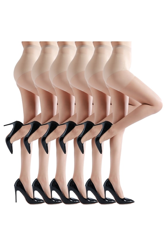 6 Pairs 20D Sheer Tights for Women - Reinforced Toes, Control Top Pantyhose, 6Nude XL