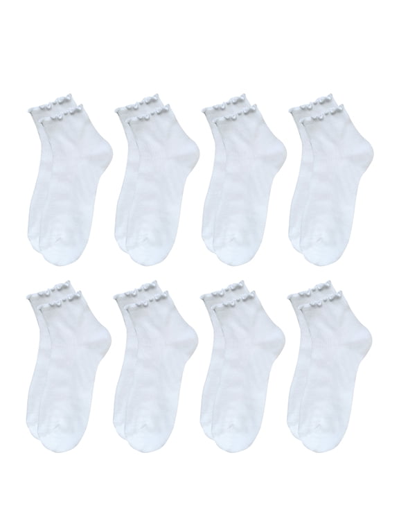 8 Pairs Ruffle Socks for Women, Lovely Soft Frilly Crew Socks, 8White, Size 5-8