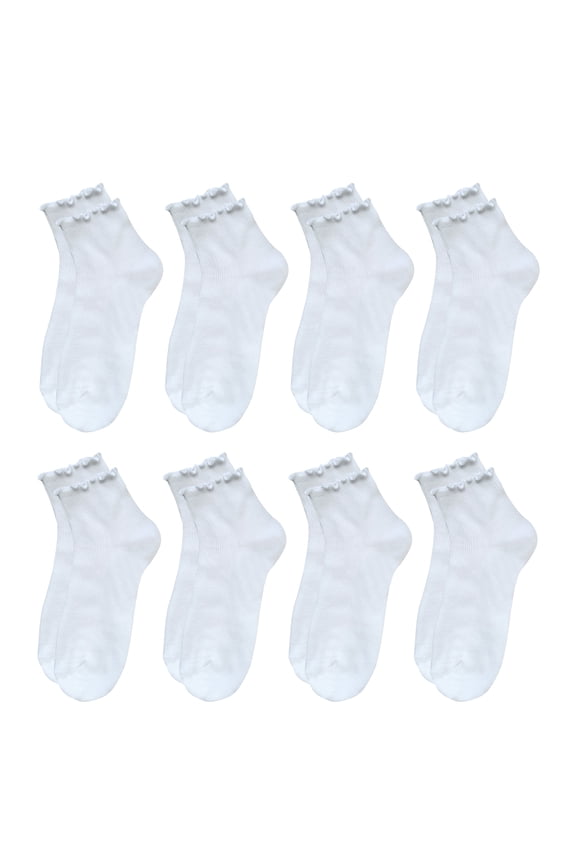 8 Pairs Ruffle Socks for Women, Lovely Soft Frilly Crew Socks, 8White, Size 5-8