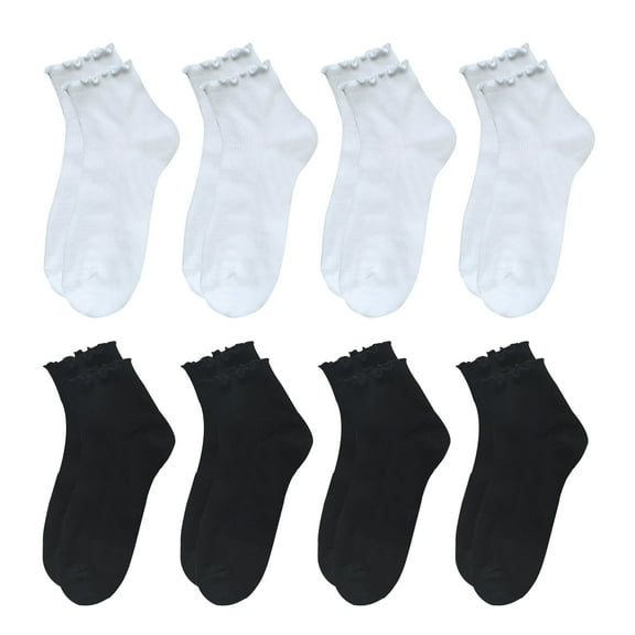 G&Y 8 Pairs Ruffle Socks for Women, Lovely Soft Frilly Crew Socks, 4Black4White, Size 5-8