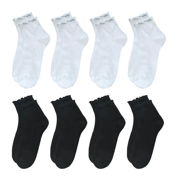 G&Y 8 Pairs Ruffle Socks for Women, Lovely Soft Frilly Crew Socks, 4Black4White, Size 5-8