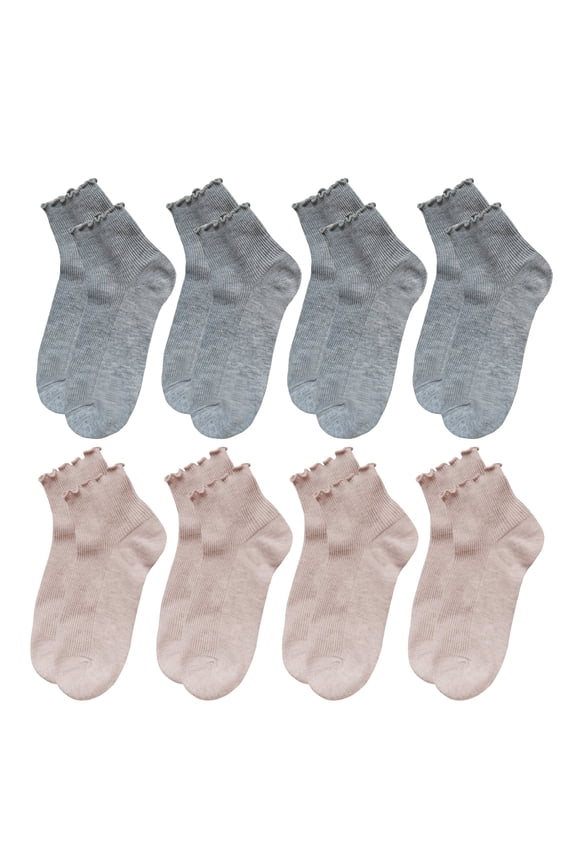 8 Pairs Ruffle Socks for Women, Lovely Soft Frilly Crew Socks, 4Gray4Pink, Size 5-8