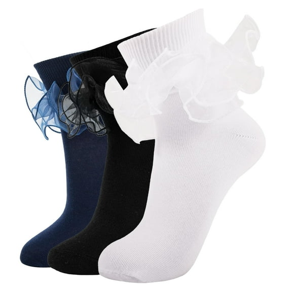 G&Y Big Ruffle Ankle Socks for Women, Double Lace Frilly Fold Cuff Socks, 3Pairs, Set B