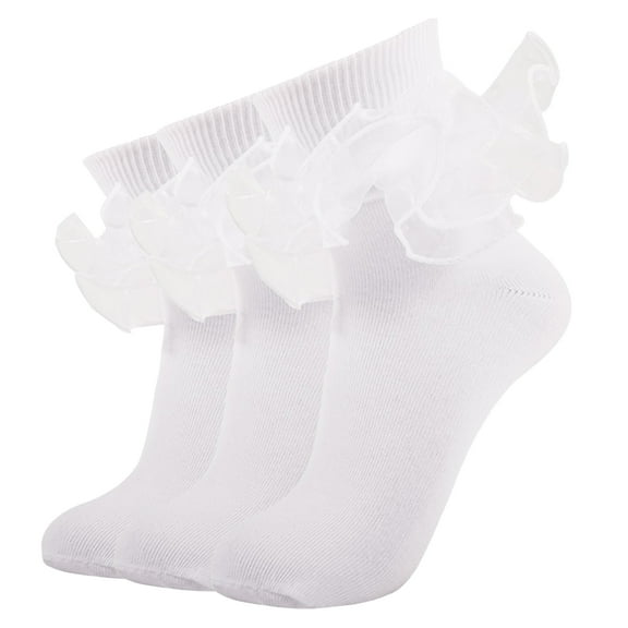 G&Y Big Ruffle Ankle Socks for Women, Double Lace Frilly Fold Cuff Socks, 3Pairs, White
