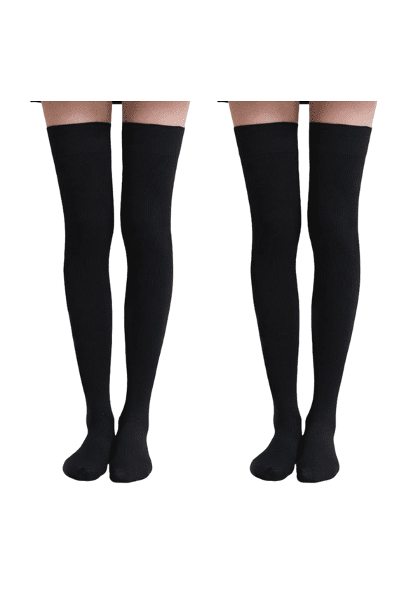 Breathable Thin Thigh High Socks for Women, All Season Comfort Stockings for Boots, 2Pairs, Black
