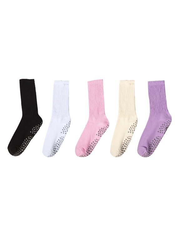 Pilates Socks with Grips for Women, Non Slip Long Slouch Yoga Socks, 5Pairs, Set B