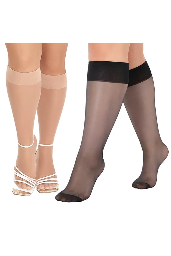Women's Plus Size Knee High Stockings - 9 Pairs with Widened Ribbed Cuff, 5Black&4Nude