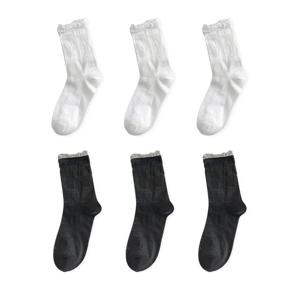 G&Y Ruffle Socks for Women, Cute Mid-calf Socks with Bow Pattern, 6 Pairs, 3Black&3White