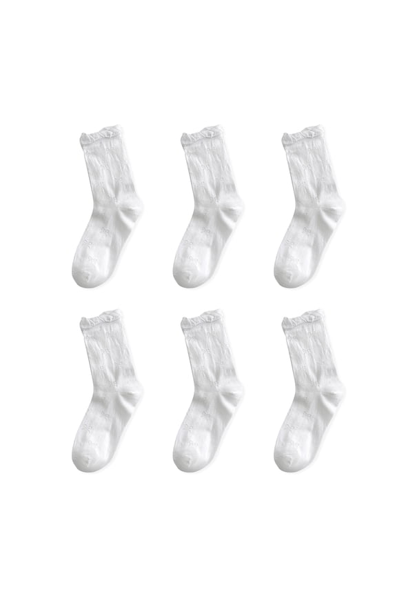 Ruffle Socks for Women, Cute Mid-calf Socks with Bow Pattern, 6 Pairs, 6White