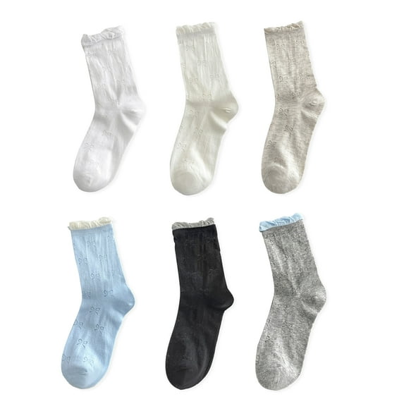 G&Y Ruffle Socks for Women, Cute Mid-calf Socks with Bow Pattern, 6 Pairs, Mix Color