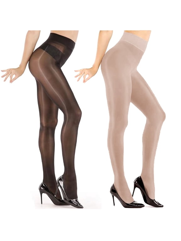 Women‘s Sheer Shimmery Control Top Tights, High Waist, 1Black1Coffee, S-M