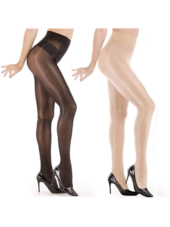 Women‘s Sheer Shimmery Control Top Tights, High Waist, 1Black1Nude, L-X
