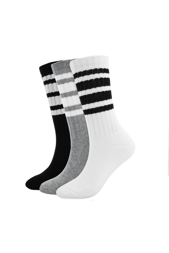 Striped Crew Socks for Women, Stretchy Casual Athletic Retro Novelty Socks, 3Pairs, Set 4
