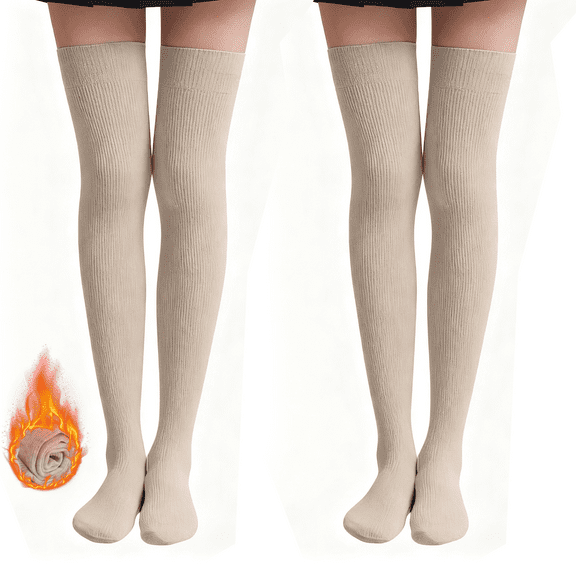 G&Y Thermal Plush Lined Thigh High Socks for Women, Warm Winter Stockings, 2Pairs, Beige