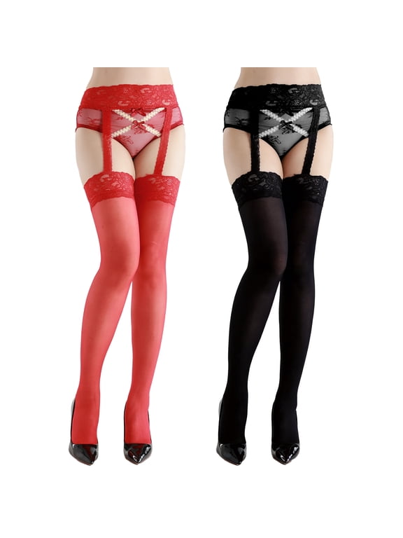 Thigh High Stockings with Garter Straps - 12D Lace Top Nylon Sheer Pantyhose for Women, 2Pack, Black & Red, One Size