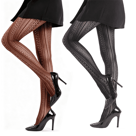 G&Y Fishnet Tights for Women - Vertical Strips Hollow Out Knitted Patterned Stockings, 2 Pack, Black & Coffee