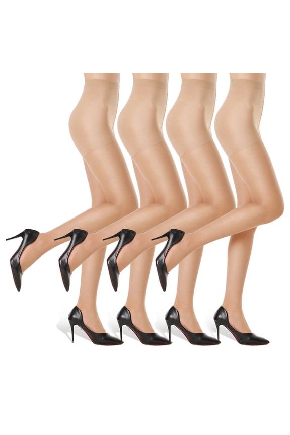 Women's Sheer Tights - 20D Control Top Pantyhose with Reinforced Toes, 4 Pairs, Nude, M