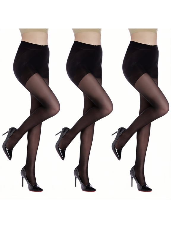 Women's 40D Sheer Tummy Control Pantyhose, Control Top Support Hosiery, 3 Pairs, Black XL