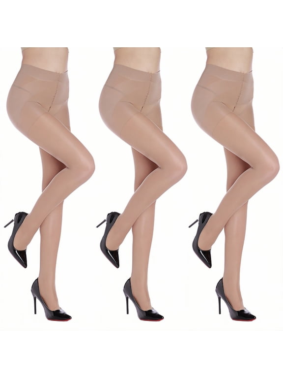 Women's 40D Sheer Tummy Control Pantyhose, Control Top Support Hosiery, 3 Pairs, Nude L