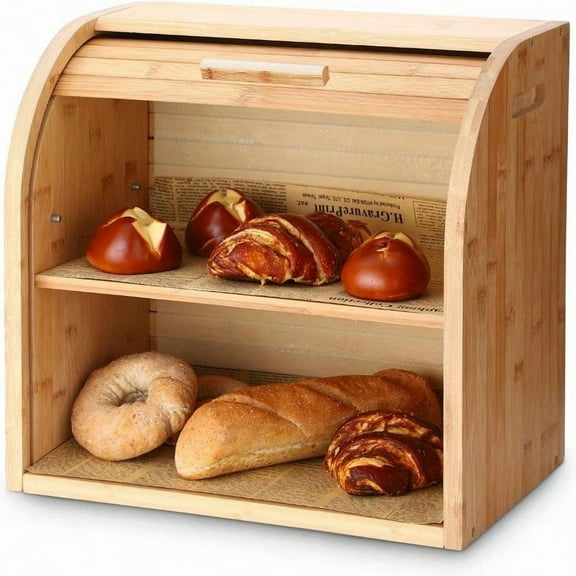 G.a HOMEFAVOR Bread Box 2 Layer Bamboo Bread Boxes for Kitchen Food Storage Large Capacity Bread Keeper Roll Top with Removable Layer 15 x 9.8 x 14.2 15 mm Thickn Selfassembly