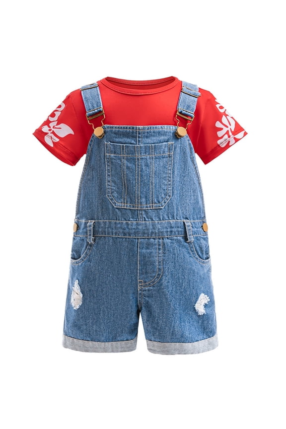 G'ir'ls Floral Tee & Denim Overall Shorts Set, Tropical Beach Outfit, Halloween Costumes Halloween Party Cosplay