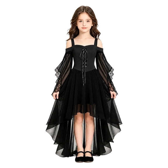 G'irl's Gothic Witch Costume Renaissance High-Low Dress Off-Shoulder Lace Sleeve Medieval Cosplay Gown Halloween Party Fancy Dress Outfit
