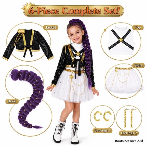 G'irl's Halloween Cosplay Costume, Pop Singer Costume, Sequin Jackets Skirts with Purple Braid for Birthday Party