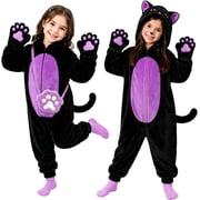 Girls Black Cat Costume Onesie with Paw Bag - Plush Black & Purple Animal Role Play Jumpsuit, Warm Halloween Cosplay Dress Up for Kids