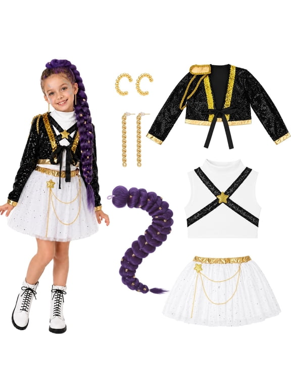 G'irls Halloween Cosplay Costume, Pop Singer Stage Costumes, Sequin Jackets Skirts with Purple Braid for Birthday Party & Fancy Dress up, 3-12 Years