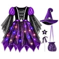 thumbnail image 1 of G`irls Halloween Light Up Witch Costume Set, Purple Witch Dress with Hat, Wand and Bag, K_ids Outfit for Party, Carnival and Dress Up, 1 of 4