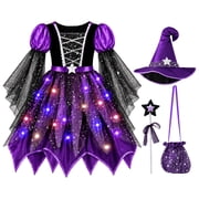 G`irls Halloween Light Up Witch Costume Set, Purple Witch Dress with Hat, Wand and Bag, K_ids Outfit for Party, Carnival and Dress Up