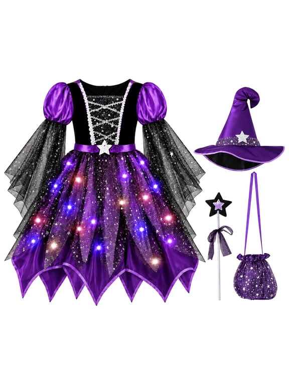 G`irls Halloween Light Up Witch Costume Set, Purple Witch Dress with Hat, Wand and Bag, K_ids Outfit for Party, Carnival and Dress Up