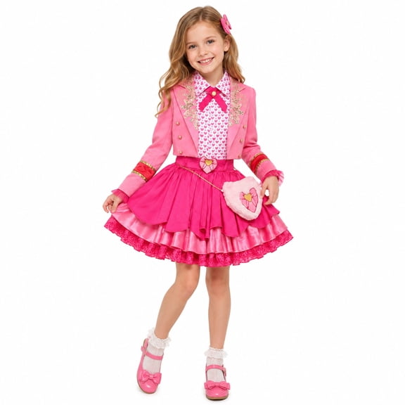 G*irls Pink Princess Costume - 4 Pcs Wonderland Heart Outfit Coat Shirt Pleated Skirt Heart Bag Set Movie Character Birthday Halloween Cosplay Party Dress Up