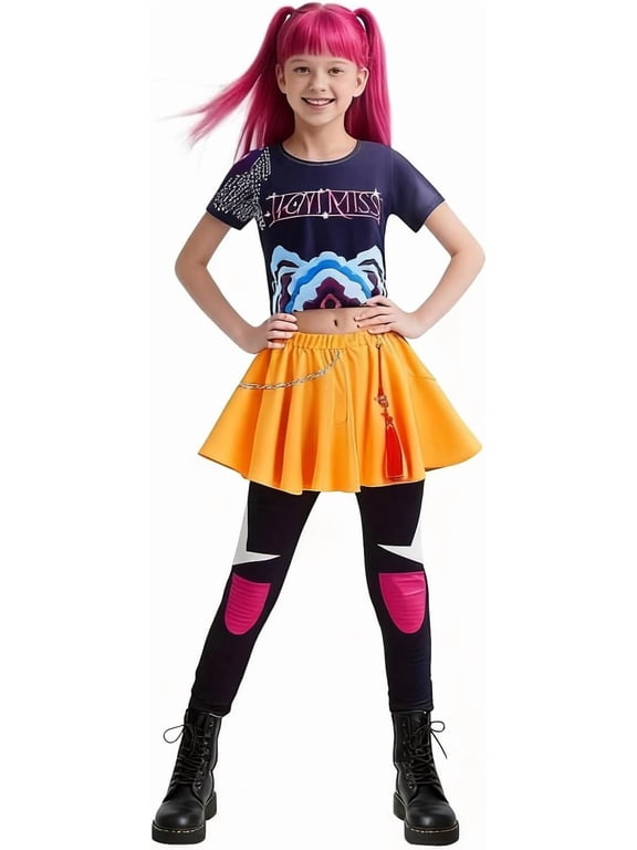 G'irls Popular Singer Cosplay Costume, 2-Piece Pop Idol Group Cosplay Outfit with Graphic T-shirt & Skirt for Halloween Cosplay Dress Up, Birthday Party & Stage Performance