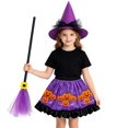 thumbnail image 1 of G`irls Purple Pumpkin Printed Ruffle Hem Skirt Halloween Holiday Dress Up Kit with Hat and Broom, 1 of 4