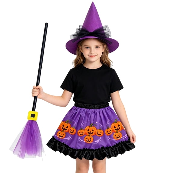 G`irls Purple Pumpkin Printed Ruffle Hem Skirt Halloween Holiday Dress Up Kit with Hat and Broom
