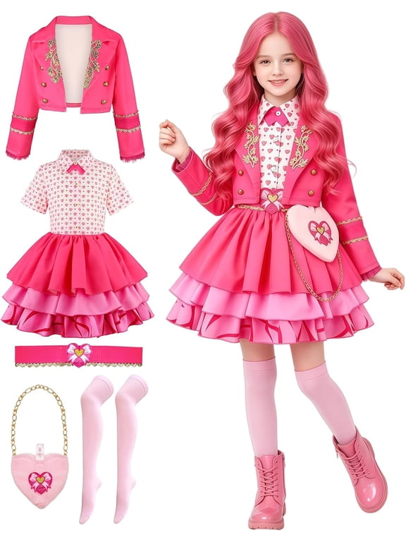 G*irls Royal Pink Princess Costume - 5Pcs Pink Blazer Jacket Layered Dress Outfit for Movie Character Birthday Halloween Cosplay Party Dress Up