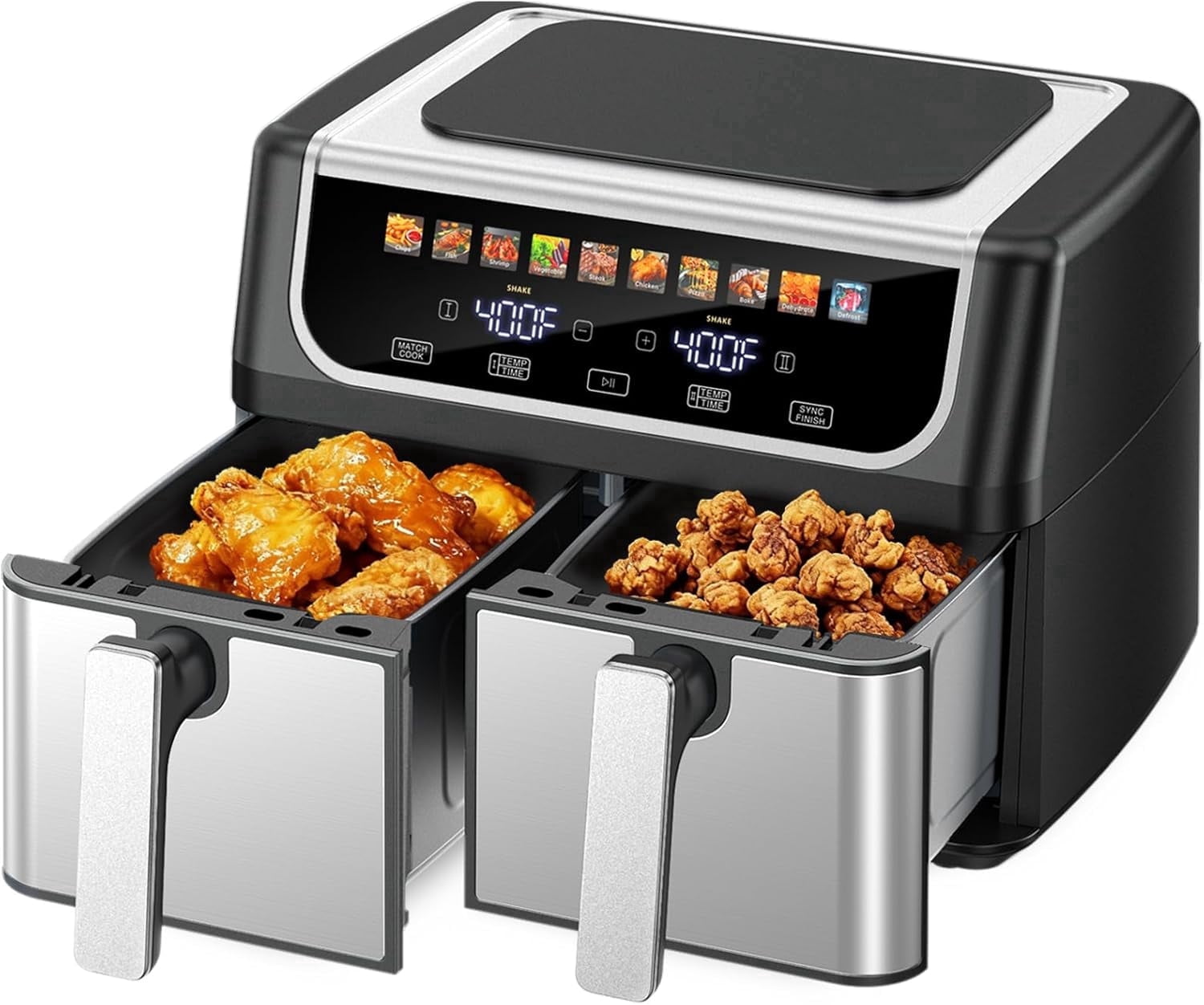 G-Ocean Air Fryer with Dual/Double-Basket, 9.5 Quarts Large Capacity, Independent Temp Control, 10 Preset Modes, Black