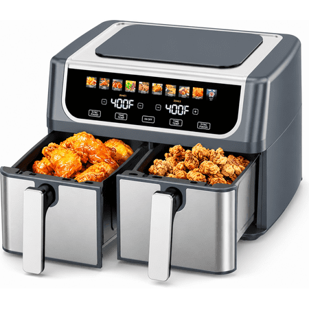 G-Ocean 9.5QT Dual Basket Air Fryer, 2-Zone Independent Temp Control, 10 Presets, Large Capacity Smart Air Fryer, Gray