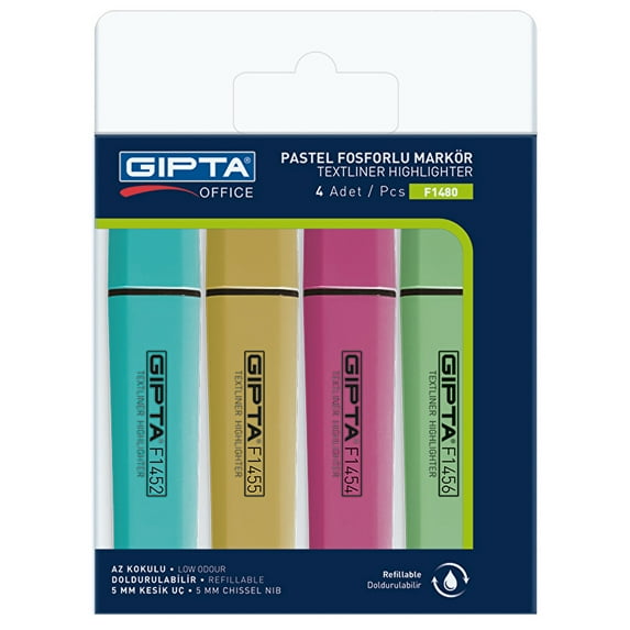Gıpta Highlighter Marker 5 mm Chisel Tip Pastel 4 Color Set