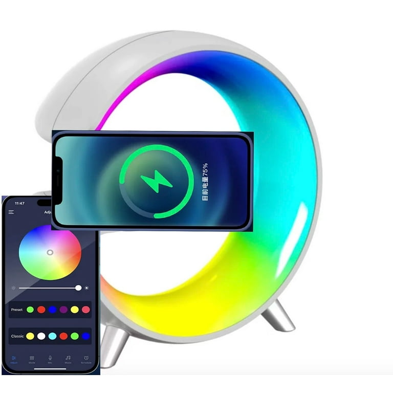 G-shape Smart LED Ring Light With Wireless Charger Bluetooth Speaker Alarm  Clock Atmosphere Noise Photo Lighting RGB Diammable 5V3A Power Charging 